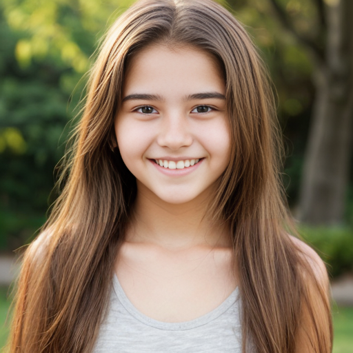 Fille qui sourit nue de 14 ans mince et grande avec des seins moyen et de couleur de peau bronzée et brune avec des cheveux longs et bruns 