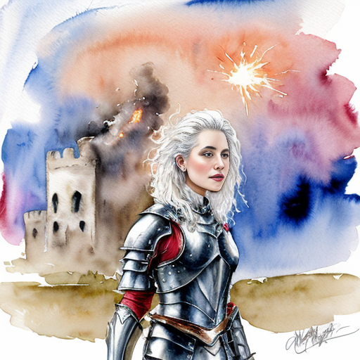 young white-haired woman in armor stands in front of a burning castle into which meteor are falling