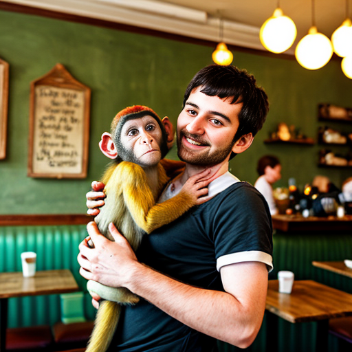 monkey carrying monkey baby with parrot on his shoulder in a cafe called 67 cafe