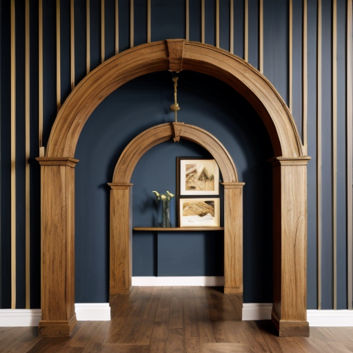 Dark blue wall with mdf arch With subtle details in gold and wooden slats under the arch and painted dark blue