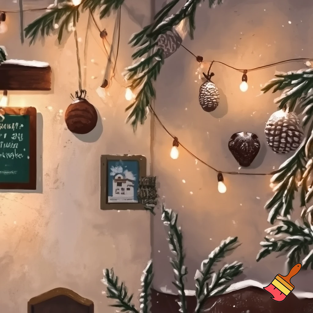the wall of a cafe with winter decorations

