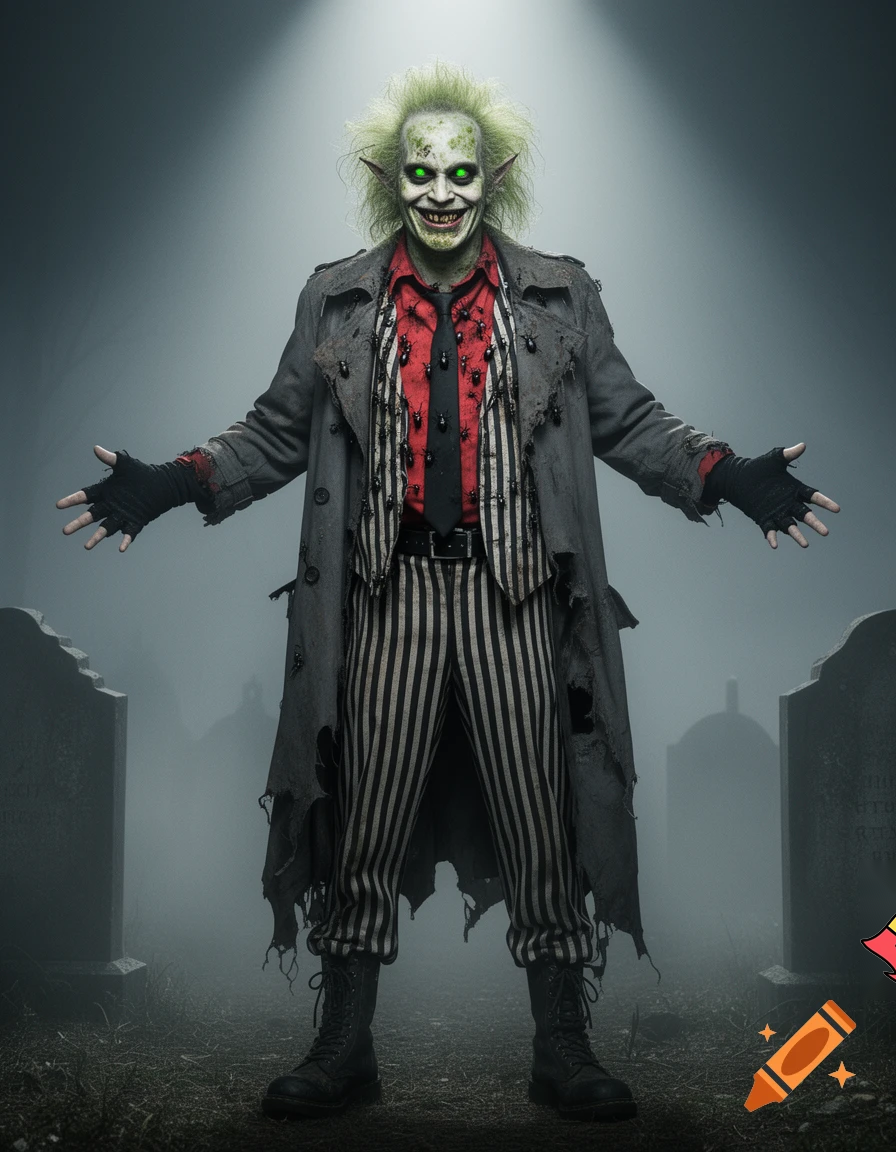 Beetlejuice with pale skin covered in moldy green patches, dark eyebags, rotten teeth, green demon eyes, pointy ears, and unkempt greenish-blonde hair, wearing a red shirt covered with black beetles, a black tie, a vest with vertical black-&-white stripes, a long dark gray dirty torn Trench Coat, long black fingerless gloves, a black belt, pants with vertical black-&-white stripes, a pair of black Combat-style Beatle boots, standing in a foggy gothic graveyard, under a spotlight, with his arms outstretched.