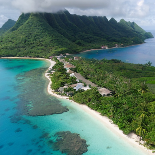 a tropical military base that was turned into a peacefully island village with lush trees and small huts with a large mountain on the far side of the island