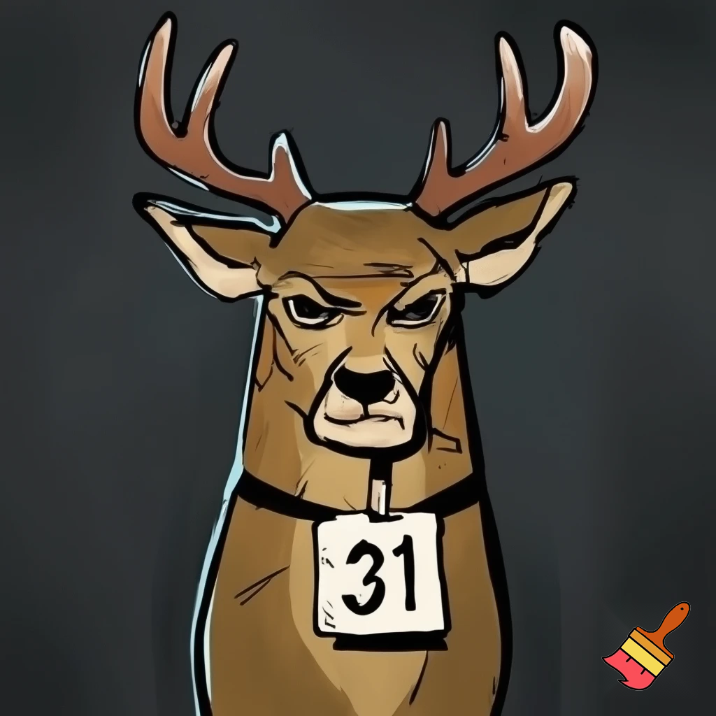 a mug shot deer criminal with a straight face with scars with a  number board looking cartoon