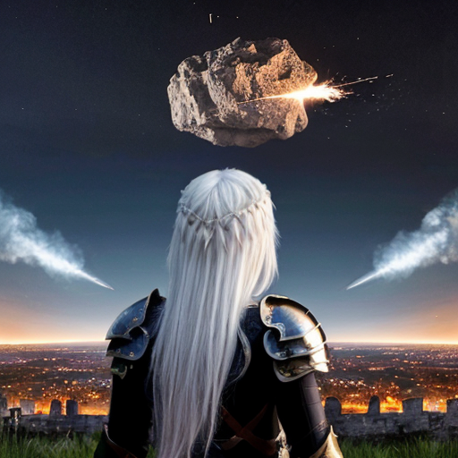 young white-haired woman in armor watches as meteorites fall on her castle