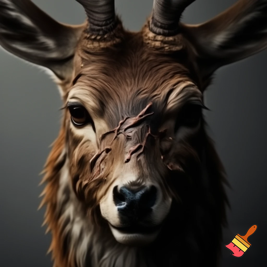 picture of a mugshot deer with scars and a serious face