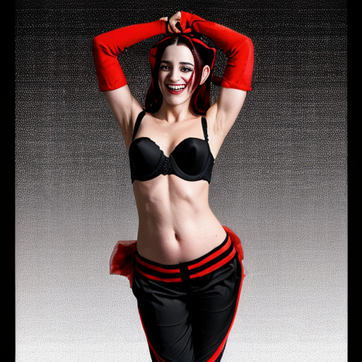 90's disney's 2d aladdin style comic black background and panels of 
panel 1 Harley Quinn with light black and red striped harem pants and bra and black and red curved slippers with both hand palms place together and hiding the bottom of her mouth with a light black and red striped veil wrapped around her arms and shoulders. 
panel 2 she danced with light black and red striped harem pants with light black and red striped bra and red and black curved slippers and with light black and red striped veil wrapped around her arms and shoulders and raising legs and bounced up and down her belly and shook her hips left and right. 
panel 3 as Harley Quinn with light black and red striped harem pants and bra and red and black curved slippers and with red and light black striped veil wrapped around her shoulders and arms and spreading her arms, happily revealing her face to the viewer and giving a smile as she shook her belly left and right. 
Panel 4 Harley Quinn with light black and red striped harem pants and bra and black and red curved slippers and with light black and red striped veil wrapped around her shoulders and arms has started to fading away , except her belly, which is bouncing around and growing. 
Panel 5 then the ball transforms into the fading in belly of Giant red haired giganta barefoot with dark yellow spotted yellow harem pants and bra and dark yellow spotted yellow veil wrapped around her arms and shoulders with her swaying her hips. 
Panel 6 red haired giganta barefoot with dark yellow spotted yellow harem pants and bra and dark yellow spotted yellow veil wrapped around her arms and shoulders then she is flexing her muscled arms.