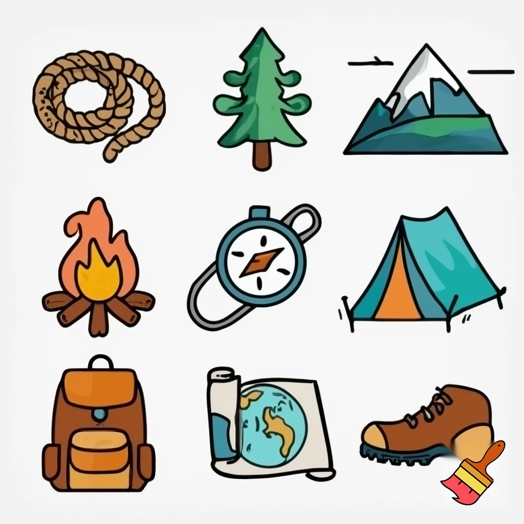 single icons of nature exploration in cartoon style : cord, fir tree, mountain, campfire, tent, carabiner, compass, backpack, world map, hiking shoe, binoculars