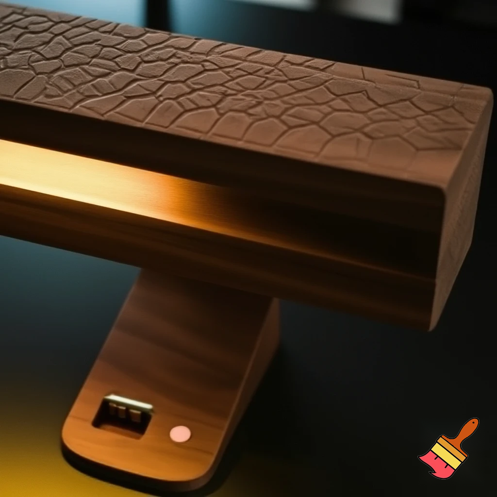 can you generate a light that is a long wooden cuboid and has indentations in it going diamond line diamond line and at the bottom is a base that has a charging socket, a colourchanging button and a on