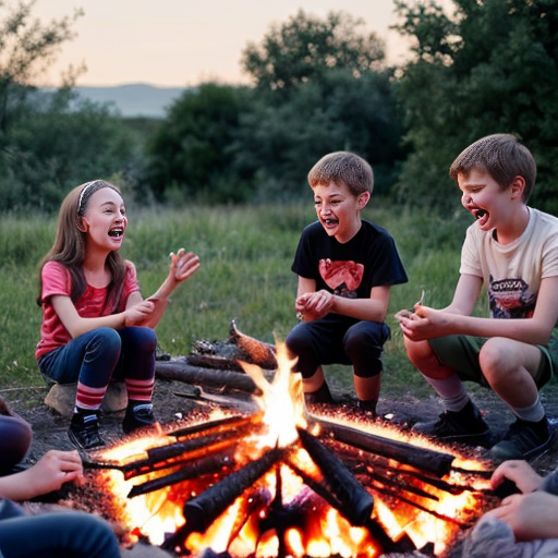 create a campfire with 7 10 year old girls and one boy, they are having fun, in a cute style
