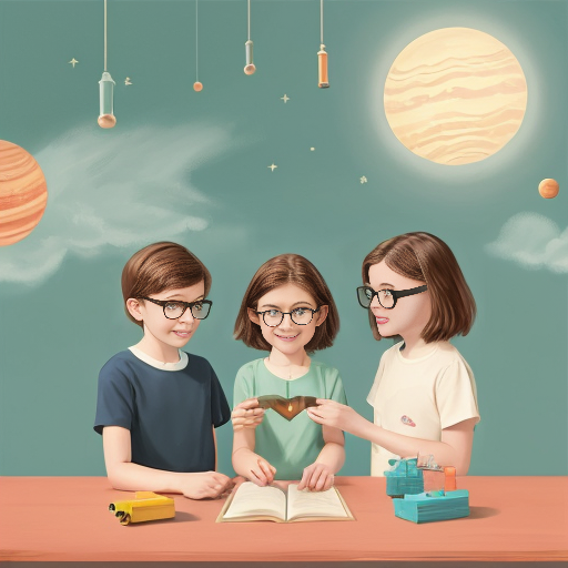 Warm, magical children’s book cover illustration.
Alek: younger boy, wearing round glasses, curious eyes, gentle smile, short hair.
Olga: girl about three years older than Alek, calm and caring expression, slightly taller, sitting close to him like an older sister, protective and confident.
They are surrounded by friendly science elements: glowing planets, floating magnets, light bulbs, Sun, Saturn, gears, test tubes with colorful liquids, stars, clouds, microscope and simple physics symbols.
Alek holds a magnifying glass, Olga holds a notebook, smiling and excited, standing together in a magical science world.
Style: painterly, high-quality children’s illustration, soft brush strokes, cinematic lighting, shallow depth of field, whimsical and heart-warming.
Colors: warm, natural palette — soft greens, blues, golden light, gentle pastels.
Mood: inspiring, safe, joyful, intelligent curiosity, love for learning.
Composition: front-facing, perfect for a book cover, centered characters, readable title area above, clean background with cozy details (toys, pillows, wooden shelves).
Ultra-detailed, 4k, storybook realism, no text distortion, no watermark, no logo.
