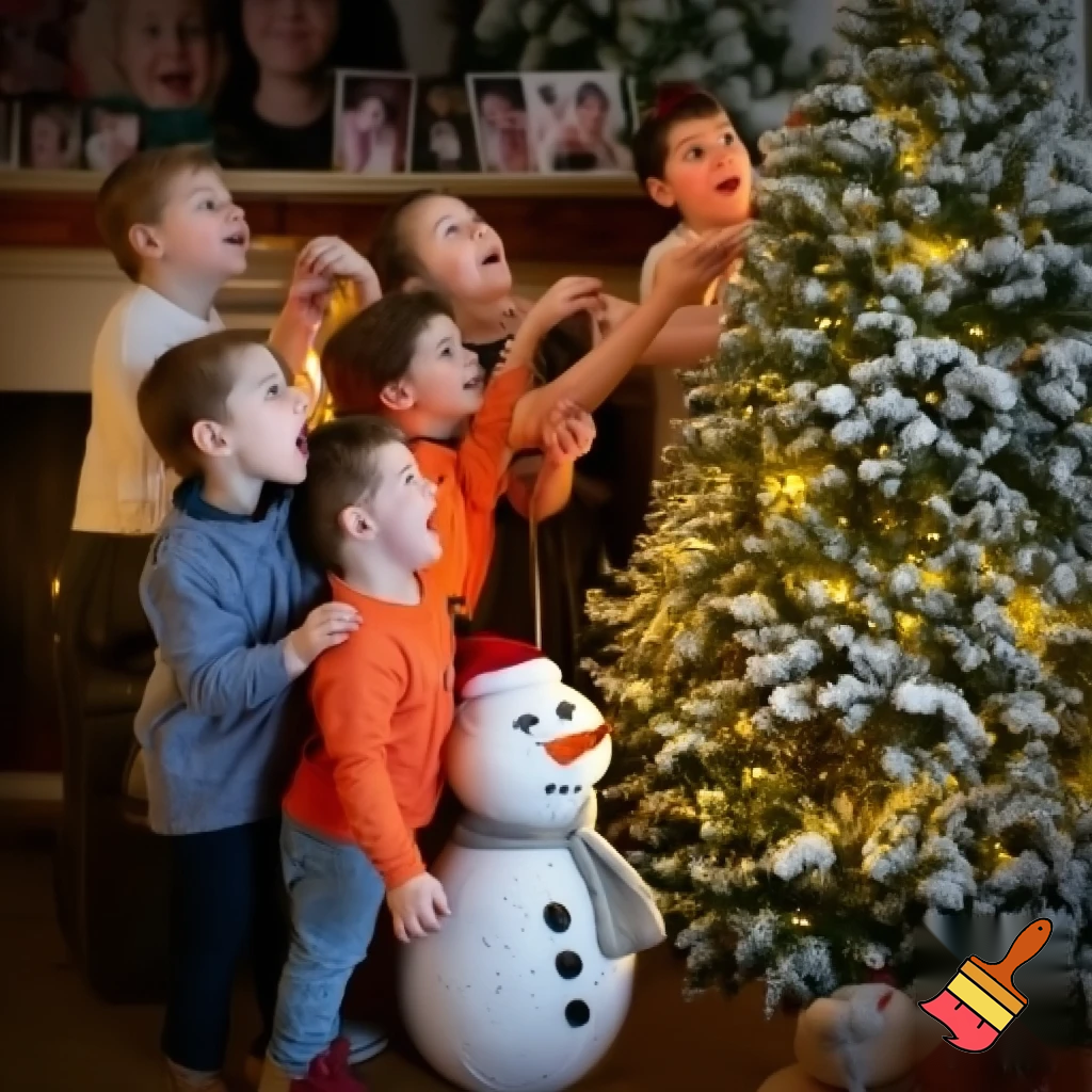 weihnachtsbaum mit kindern und schneemann 


