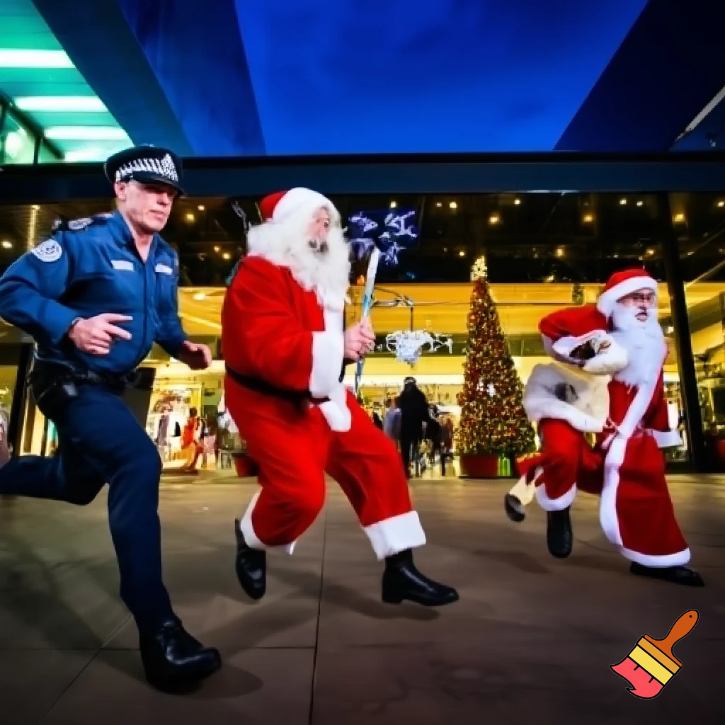 Santa Claus dancing shopping Centre walking Australian magic walking stick walking stick star running outside of the shopping centre on the Christmas tree  policeman are running the two naughty Santa Claus the two good Santa Claus and the naughty one