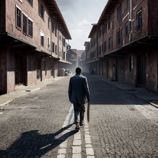 A man walking alone with poor house 