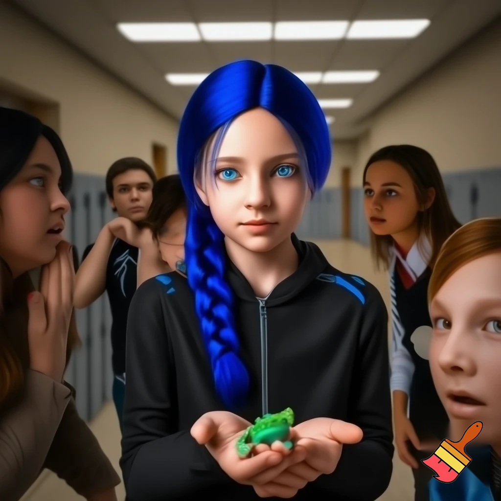 girl with blue braid and has a black jacket with blue eyes holding a frog all the people are looking at the frog scared at shcool