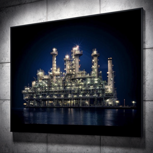 dark blue background with refinery on the right side blending into the dark blue background. The refinery should occupy only 25% of the total area.