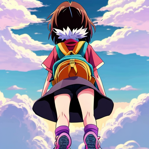 Little Dora purple backpack pink t-shirt orange short pants yellow socks white sneakers on a sitting cloud in the sky from Dora the Explorer. migration