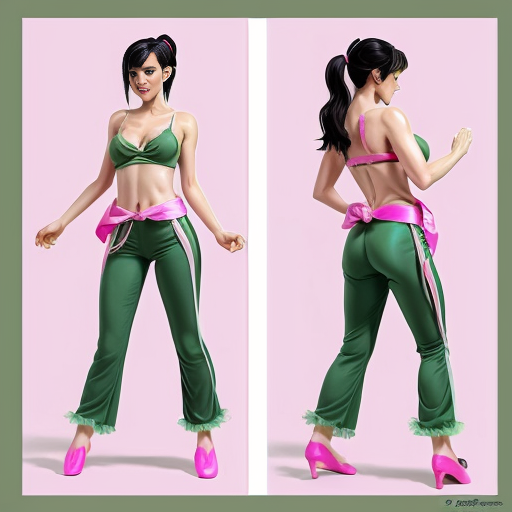 90's disney's 2d aladdin style comic black background and panels of 
panel 1 a black haired ponytail curvy figure woman with green skin,green harem pants pink bra and pink sash and pink curved slippers with both hand palms place together and hiding the bottom of her mouth with a green veil wrapped around her arms. 
panel 2 she danced with green skin,green harem pants pink bra and pink sash and pink curved slippers and green veil covering her shoulders and arms and raising legs and bounced up and down her belly. 
Panel 3  and which causes an electric discharge to form which transforms her green striped veil from shoulders and arms of the black haired ponytail woman with green skin,green harem pants pink bra and pink sash and pink curved slippers into a bolt of lightning. 
Panel 4 which the black haired ponytail woman with green skin,green harem pants pink bra and pink sash and pink curved slippers grabs the lightning bolt from her shoulders and arms with one hand. 
panel 5 then the black haired ponytail woman with green skin,green harem pants pink bra and pink sash and pink curved slippers rubs the lightning bolt on her butt with the lightning bolt against her butt and shook her hips left and right. 
panel 6 then as the black haired ponytail woman with green skin,green harem pants pink bra and pink sash and pink curved slippers still shook her butt left and right she turns and her butt is now facing the viewer while rubbing the lighting bolt with her. 