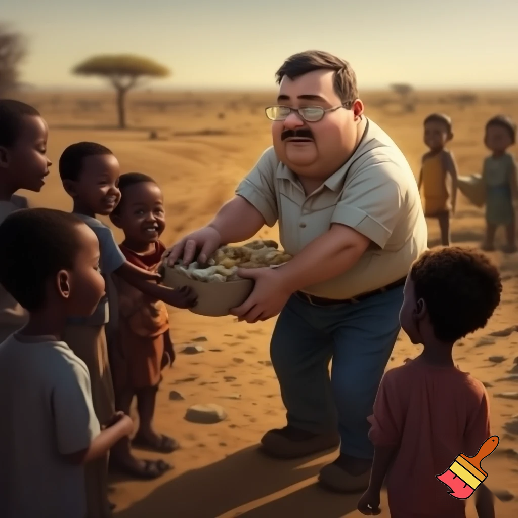 make peter griffin give away food in africa to kids but make them not cartoon