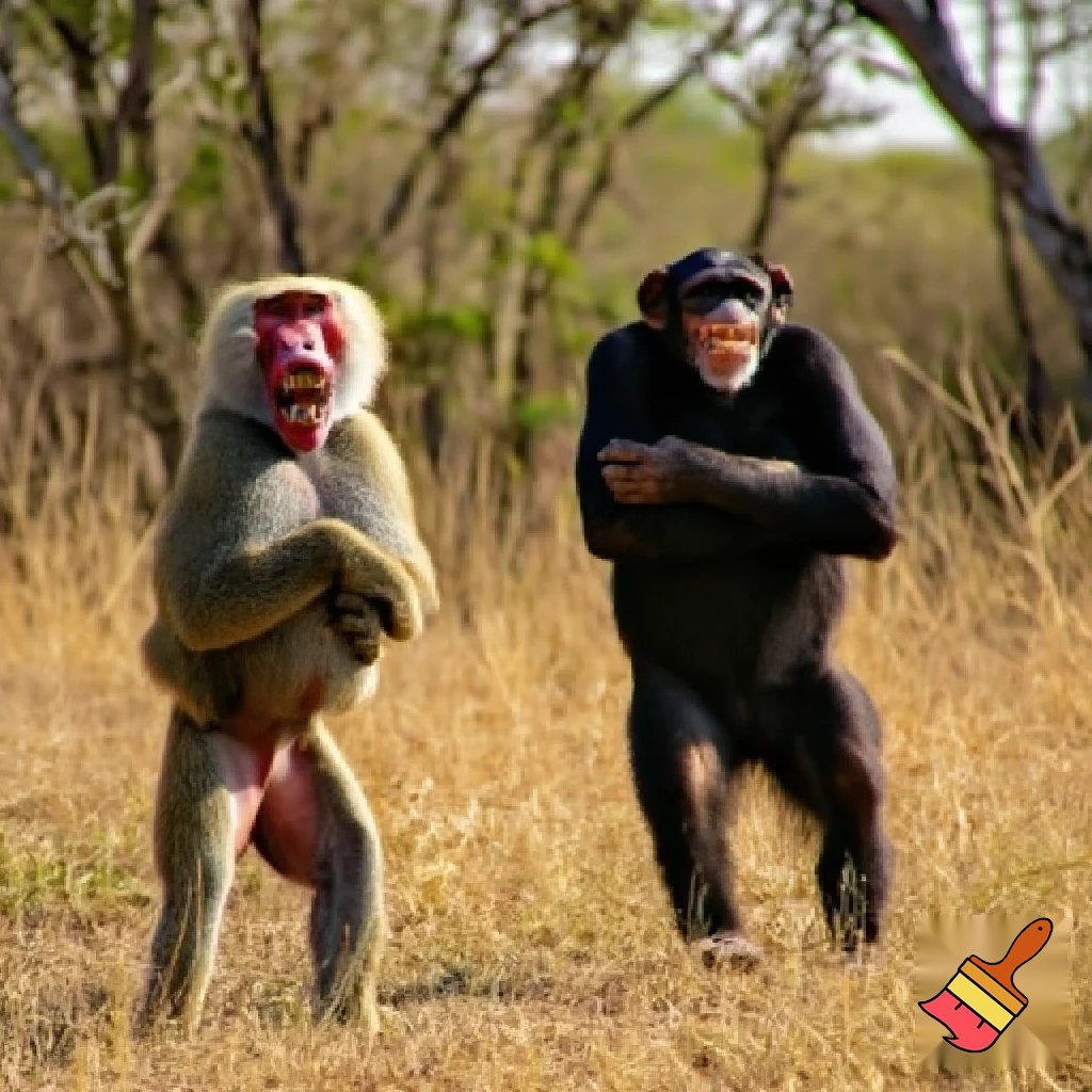 A baboon smiling and standing on his two legs with his arms crossed and looking at a chimpanzee that is standing on his two legs with his arms crossed and smiling