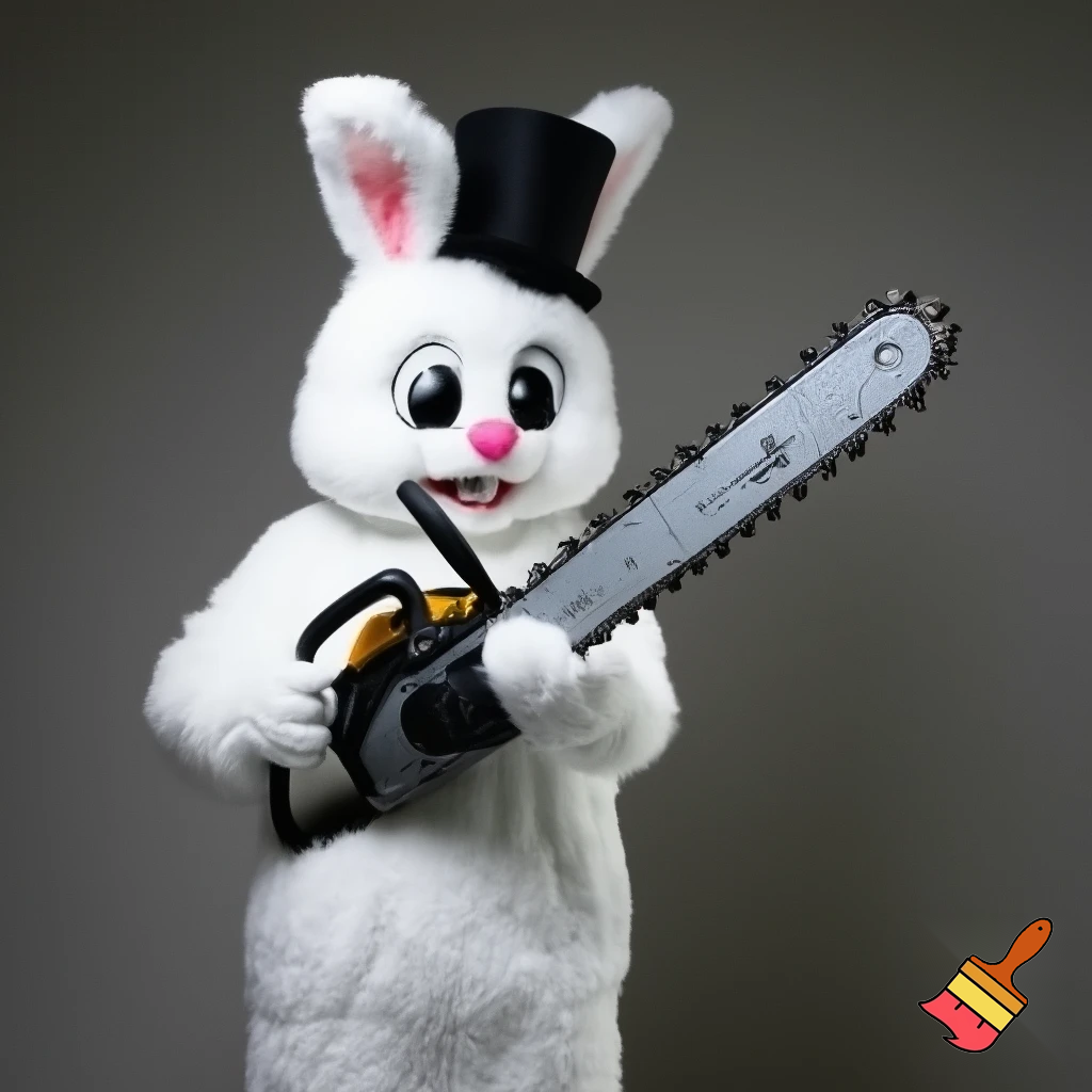Easter bunny with a chainsaw with a top hat mascot costume
