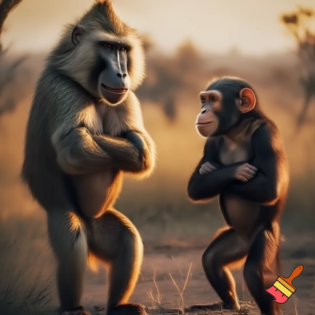 A baboon smiling and standing on his two legs with his arms crossed and looking at a chimpanzee that is standing on his two legs with his arms crossed and smiling
