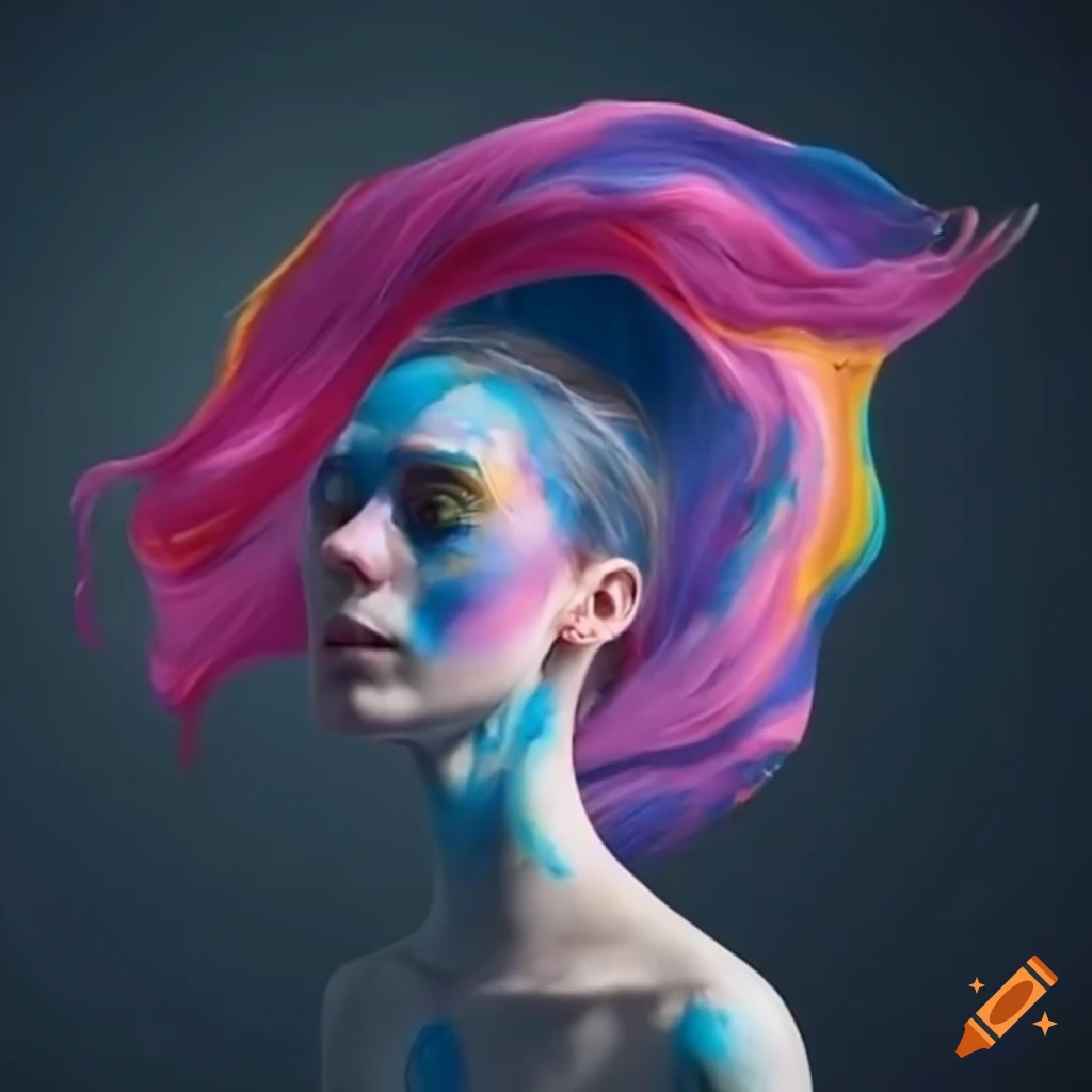 a woman with swirls of paint as hair floating in zero gravity
