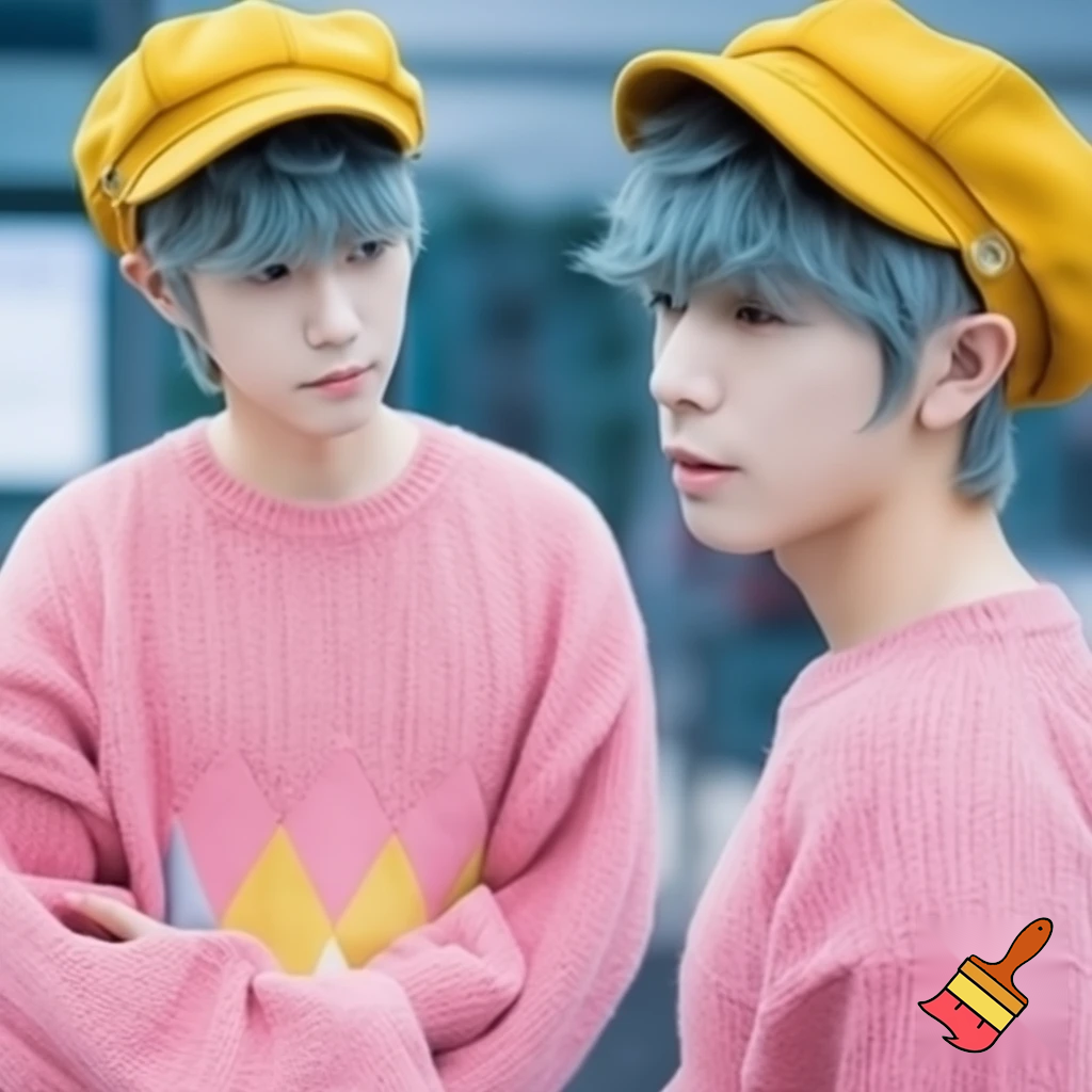 A young man with fluffy, short, blue-gray or turquoise hair and pale skin. Looks to be 24, he wears stylish yellow newsboy cap and pink argyle oversized sweater. 