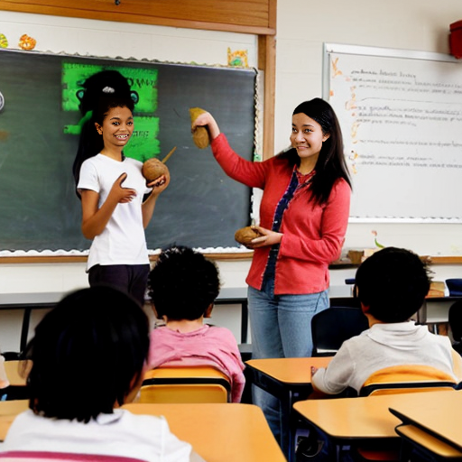 Please create a drawing of a teacher in a classroom holding a yam and the students are pointing, watching, and interacting. Please make the characters pacific islanders
