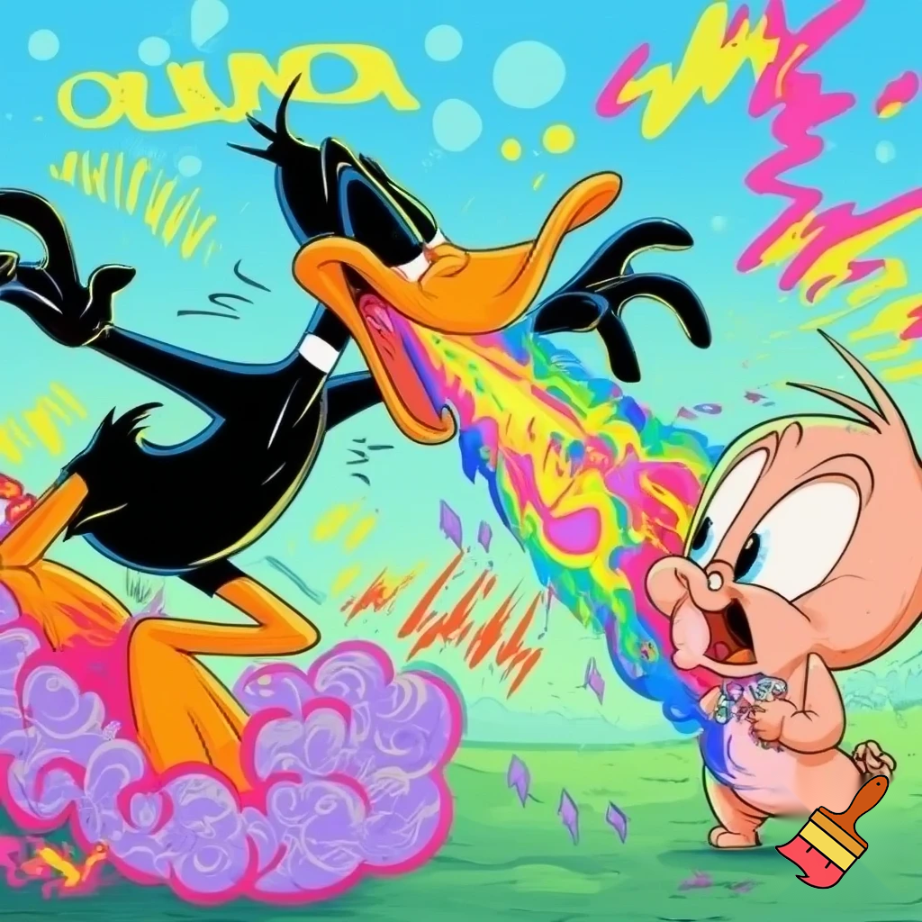 daffy duck farting on porky pig while porky pig is barfing on bugs bunny