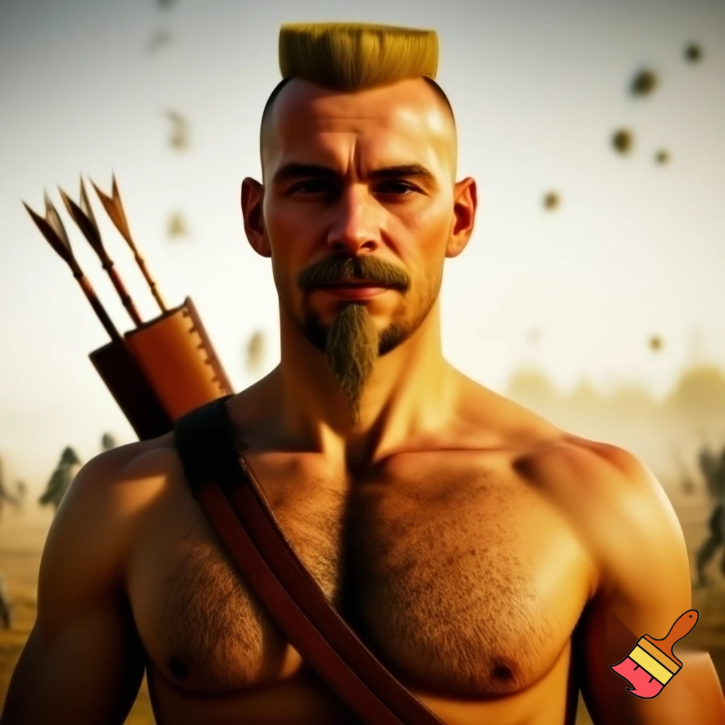 A photograph captures a muscular medieval archer from the chest up, standing shirtless in a bright battlefield setting. He has fair skin, a defined hairy chest, a strong jawline, and a pointed goatee connected to his mustache with clean-shaven cheeks. His blond flattop haircut is slightly longer on top, military-style. A leather quiver full of arrows is slung across his back, and a leather strap crosses his chest. The lighting is warm and natural, with a neutral facial expression and a softly blurred background showing soldiers and dust in the air.