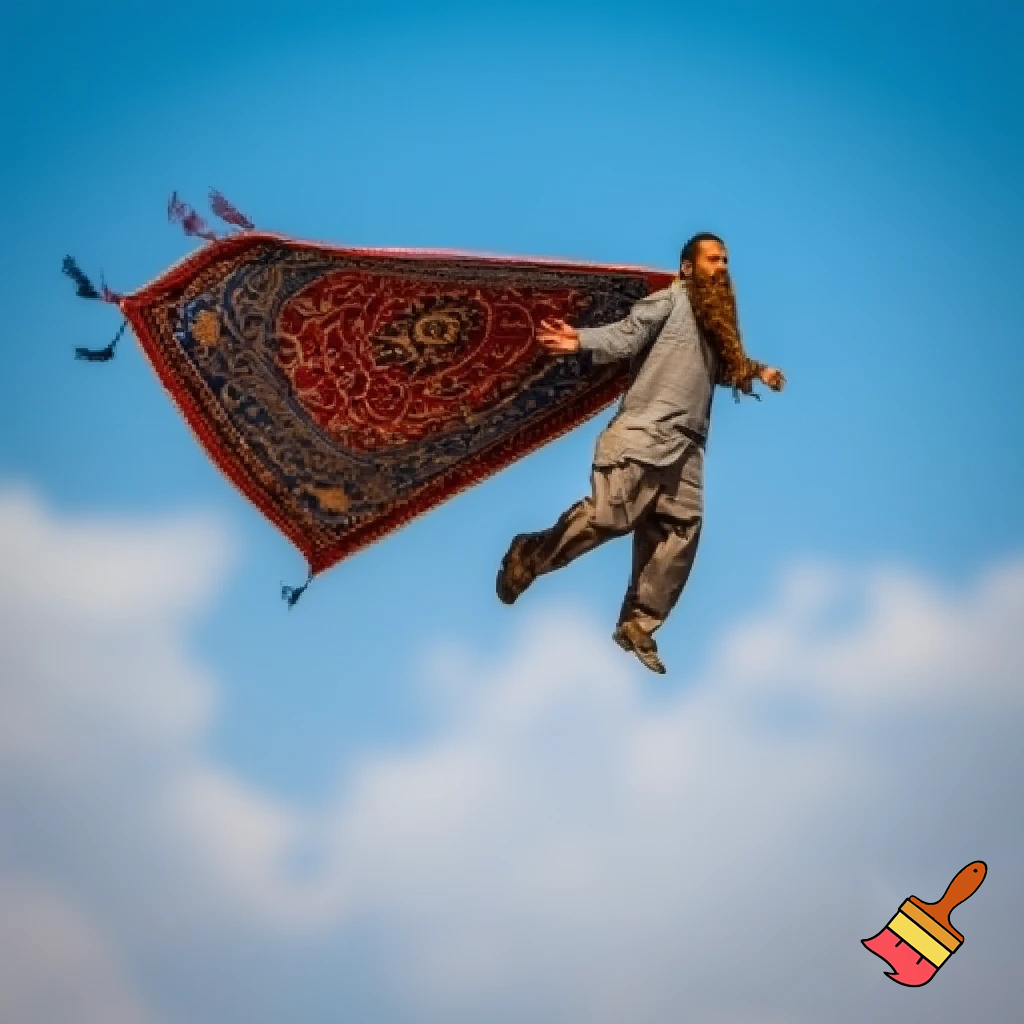 Guy with big beard flying on a carpet in the sky
