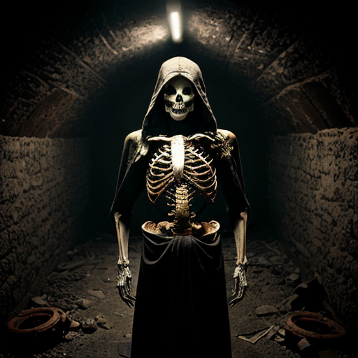 "Hyperrealistic dark horror photography, two central figures standing in a decrepit underground crypt or dungeon. Left figure: skeletal demon wearing a tattered dark charcoal suit with a pentagram tattoo on exposed chest cavity, ram/goat horns curling from a bleached skull head, decomposed hands hanging at sides. Right figure: skeletal undead entity draped in a flowing deep crimson/burgundy hooded robe soaked and dripping with dark glistening blood, exposed ribcage visible through the robe opening, golden saint's halo above the screaming skull face, mouth agape in a silent shriek. Flanked by two decaying upright skeletons on each side, partially covered in dried blood. Floor completely covered in scattered human skulls and bones. Background stone wall features inverted crosses carved or painted in aged gold/ochre. Dense atmospheric fog and smoke filling the space. Lighting: single dramatic underlighting with a cold blue-grey ambient fill, warm amber rim light catching the bones, high contrast chiaroscuro. Shot on film camera, grain texture, photorealistic, cinematic horror, 35mm lens, editorial dark art photography aesthetic."