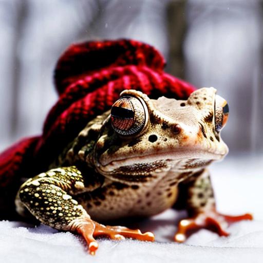 A laughable, puzzled animal toad in woolen, multicoloured winter clothings with woolen winter cap. Hyperrealistic art style.