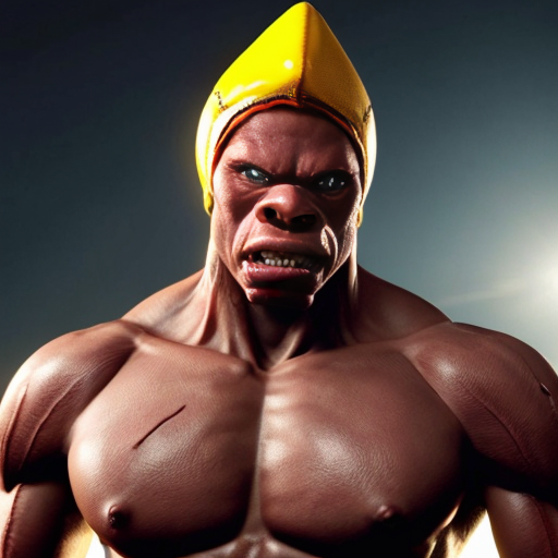 peux tu générer un homme requin humanoide  qui porte un costume jaune abimé. Ses bras protent  des ailerons de requins. Il est musclé et à l'air méchant. Il porte un chapka sur la tête.
