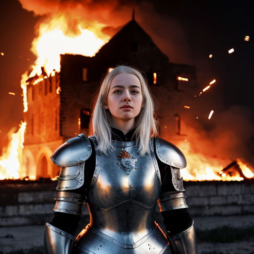 young, tall, white-haired woman in armor stands in front of a burning castle into which meteorites are falling.