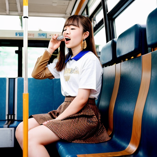 
30대 중반 한국 미녀, 염색한 갈색 머리 장발. 개 목줄, 드롭 이어링, 글리터 상의, 시퀀 큐빅 스커트, 하이힐 착용. 버스 좌석에 앉은 한국 남자 고등학생 위에 올라탄, 혀로 뺨을 핥는.
