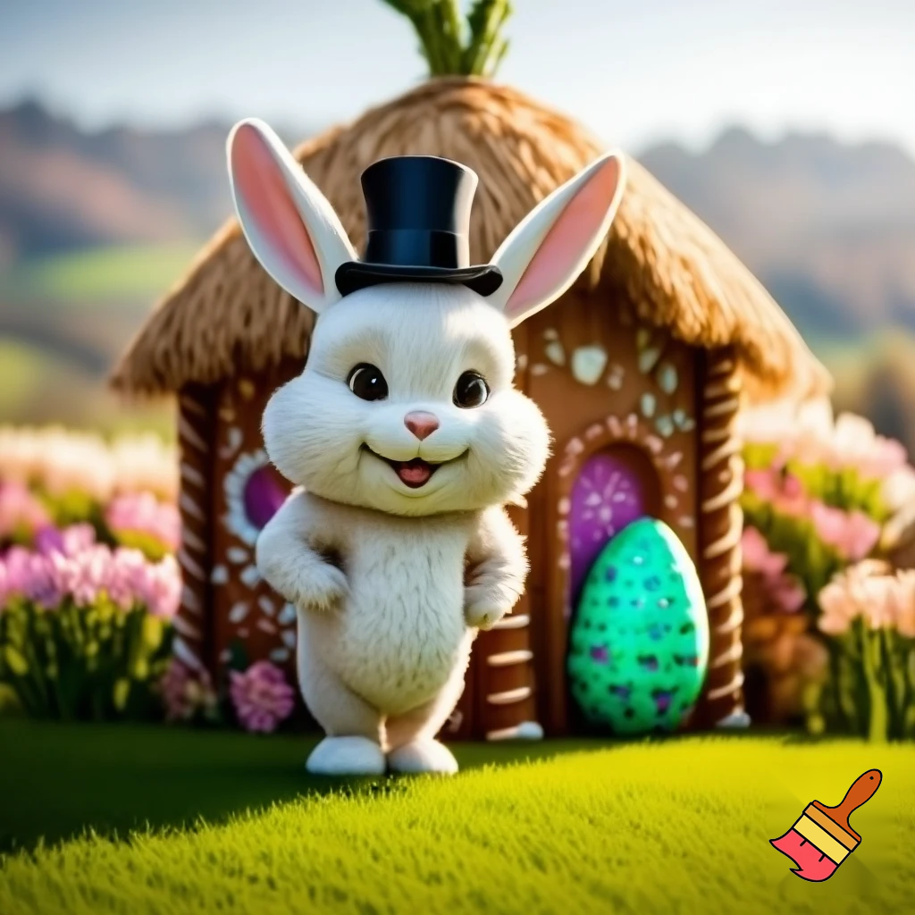 Easter bunny mascot top hat costume with a Easter bunny’s house