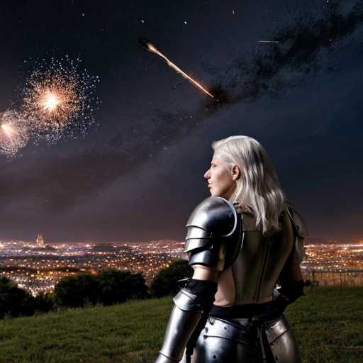 young tall white-haired woman in armor watches as meteors fall on the castle