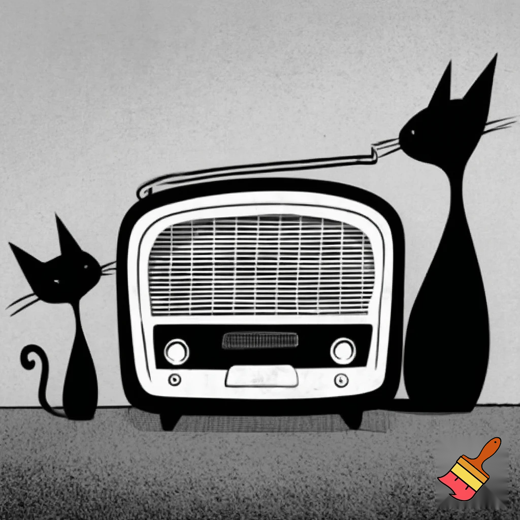Draw a black and white old time radio using the traditional model with 2 realistic, slim cats in silhouette form. Make the drawing more like a cartoon.