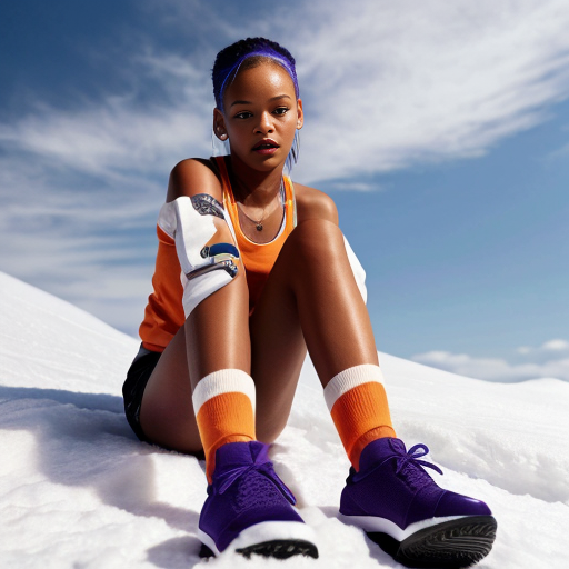 Rihanna orange tanktop belt blue short mini purple socks orange and white sneakers on a sitting Snow