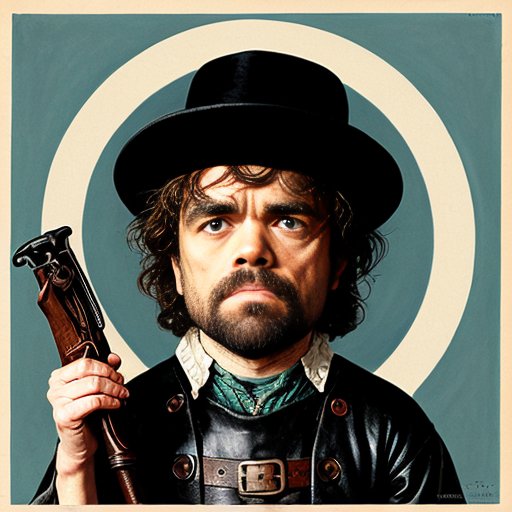 peter dinklage as a disgrunted pilgrim with a blunderbuss and hat with buckle norman rockwell illustration art style 