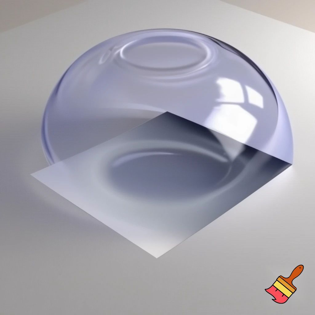 Imagine a flexible, gel-like bowl placed on top of a square piece of paper. The bowl’s material stretches and conforms perfectly to the square edges and corners of the paper, creating a smooth, dome-like shape. The bowl’s surface molds seamlessly to the square outline, resulting in a perfectly fitted, stretched, and dome-like appearance.