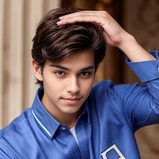 A sexy, handsome, cute, adorable, beautiful prince wearing blue, and has a smooth face, and has beautiful brown  hair 