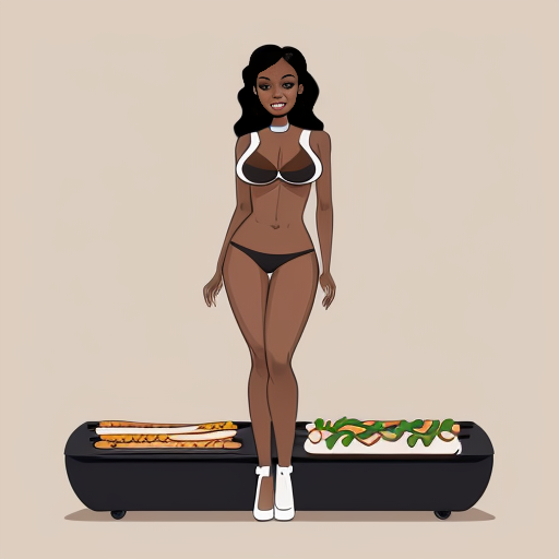 Zuri Tibby is an African American dark skin fashion model woman 5-foot-10. has a long black hair, depicted as a thin cylindrical shape inflated like a balloon. long thin cylinder chocolate sausage shape with chocolate skin small breast belly button. Her body is exaggeratedly cylindrical, shape body forming a long thin oblong cylindrical body with no visible definition of limbs laying on a hot dog rolling grill machine background 