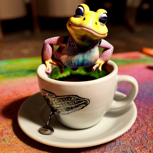 A hillarious, funny boho toad with some hippie colored coffee cups. Psychedelic decorated background, hyperrealistic. Close-up view.