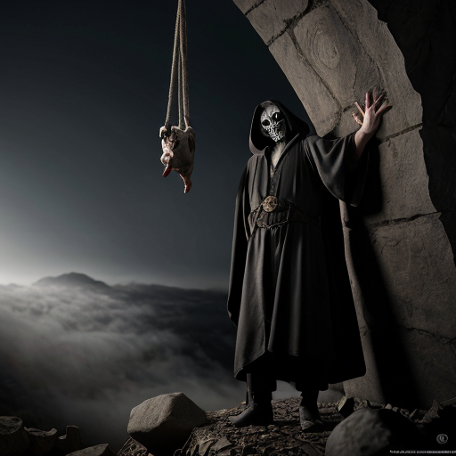 Photorealistic dark fantasy crypt. A gaunt, pale man in black robes stares at a fleshy, grotesque sack hanging from a rope. A winged, horned demon perches on a stone ledge behind him. Ruined stone floor with rubble, broken pots, and low-lying fog. Cinematic volumetric lighting, macabre gothic horror style, 8k resolution