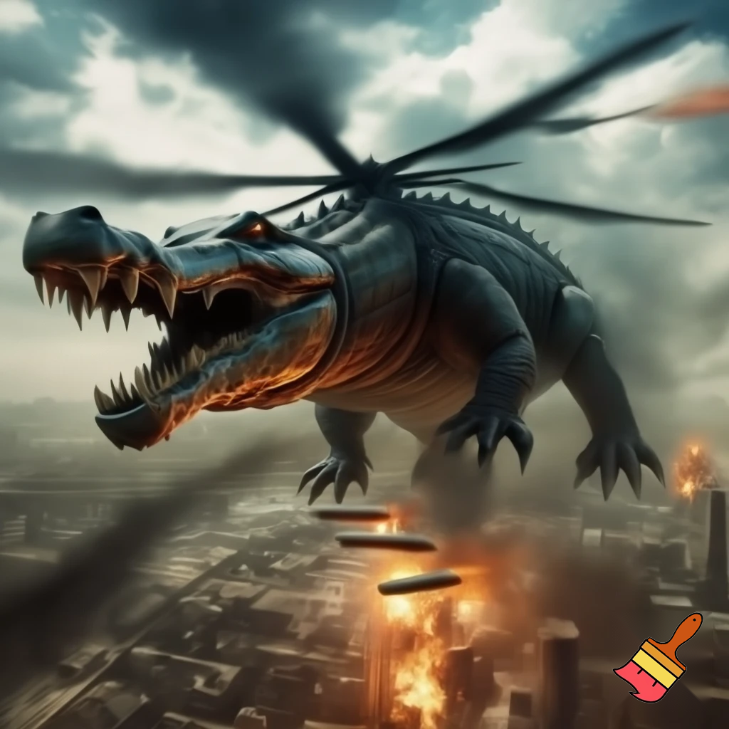 make a crocodile fused with an military helicopter bombing a city

