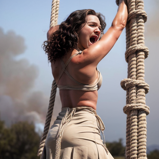 Actress Nia Longhas a 14 inch  long curly hair naked wear a light beige skirt arms behind back to the pole ,tied up by ropes background screaming burned at the stake fire