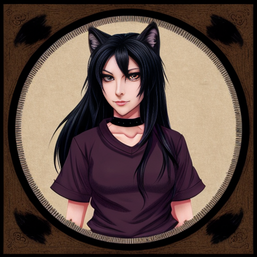 Anthropomorphic female black wolf with long pretty black hair and purple eyes, wearing a brown medieval shirt
